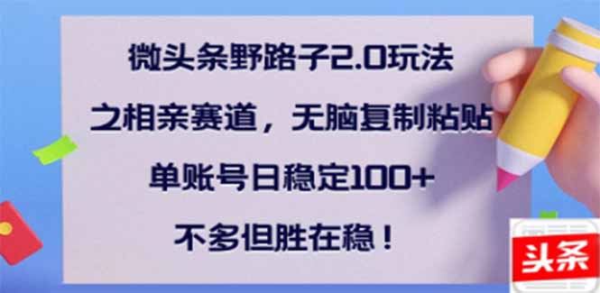 （14334期）微头条野路子2.0玩法之相亲赛道，无脑搬砖复制粘贴，单账号日稳定300+_中创网